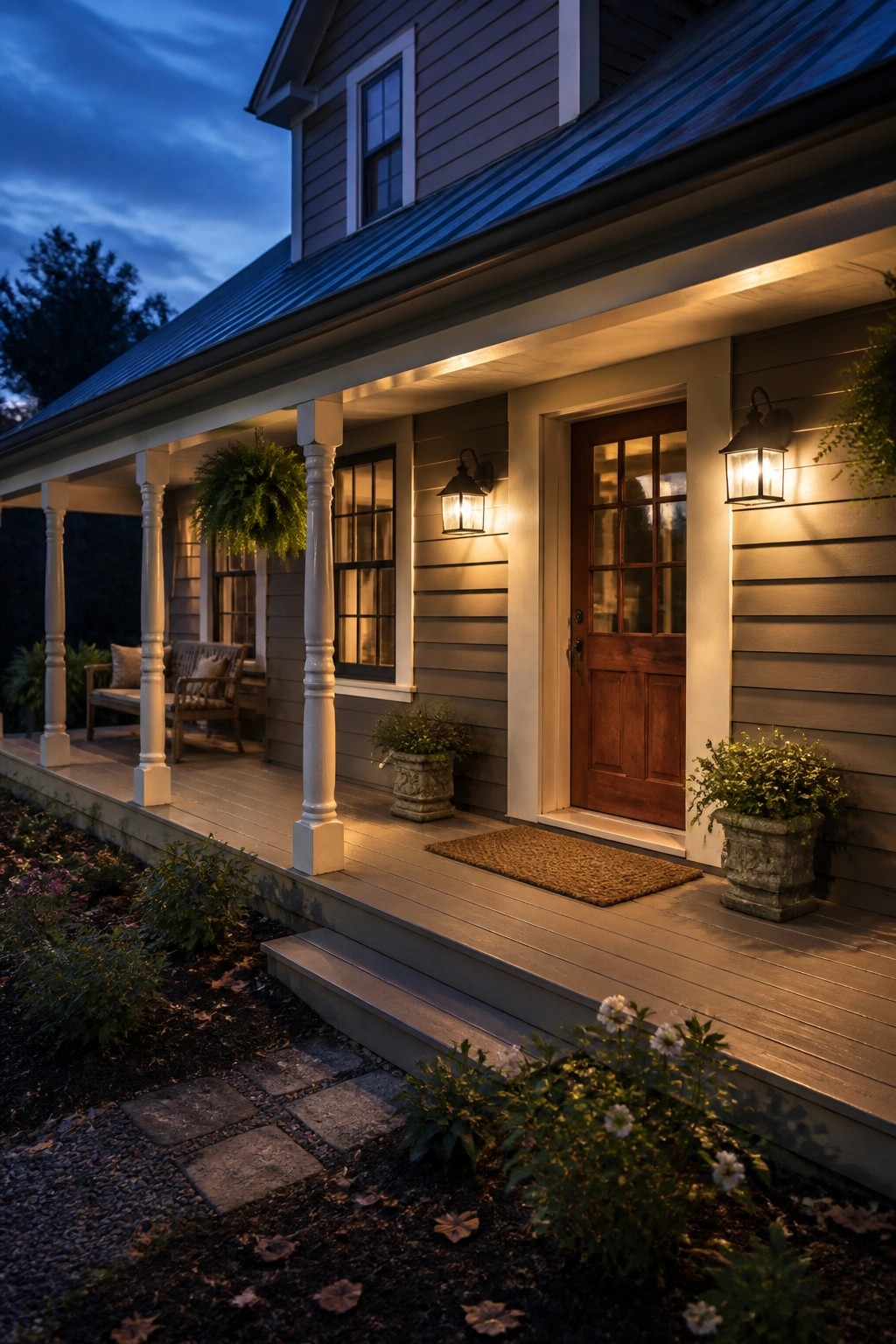 Gray farmhouse siding with white trim and a wood front door.