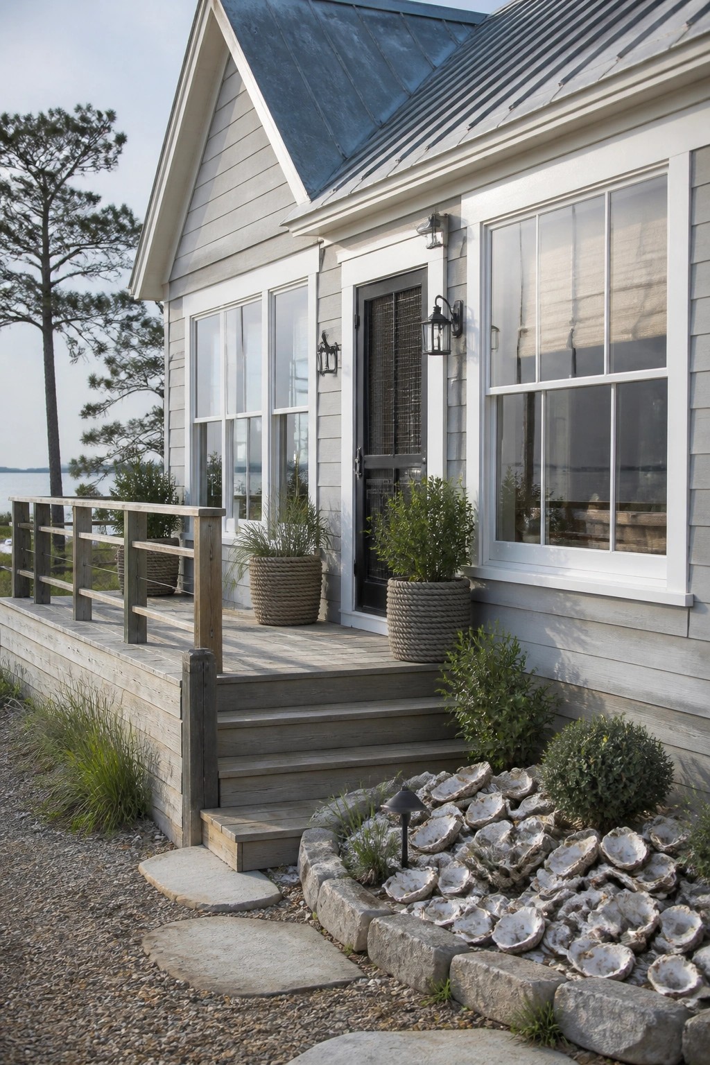 Light gray painted siding on a farmhouse exterior with white trim.