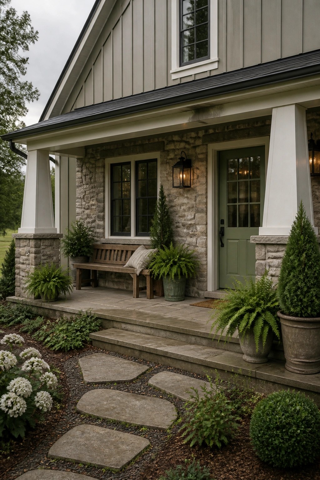 A farmhouse exterior with soft gray siding and a stone porch.