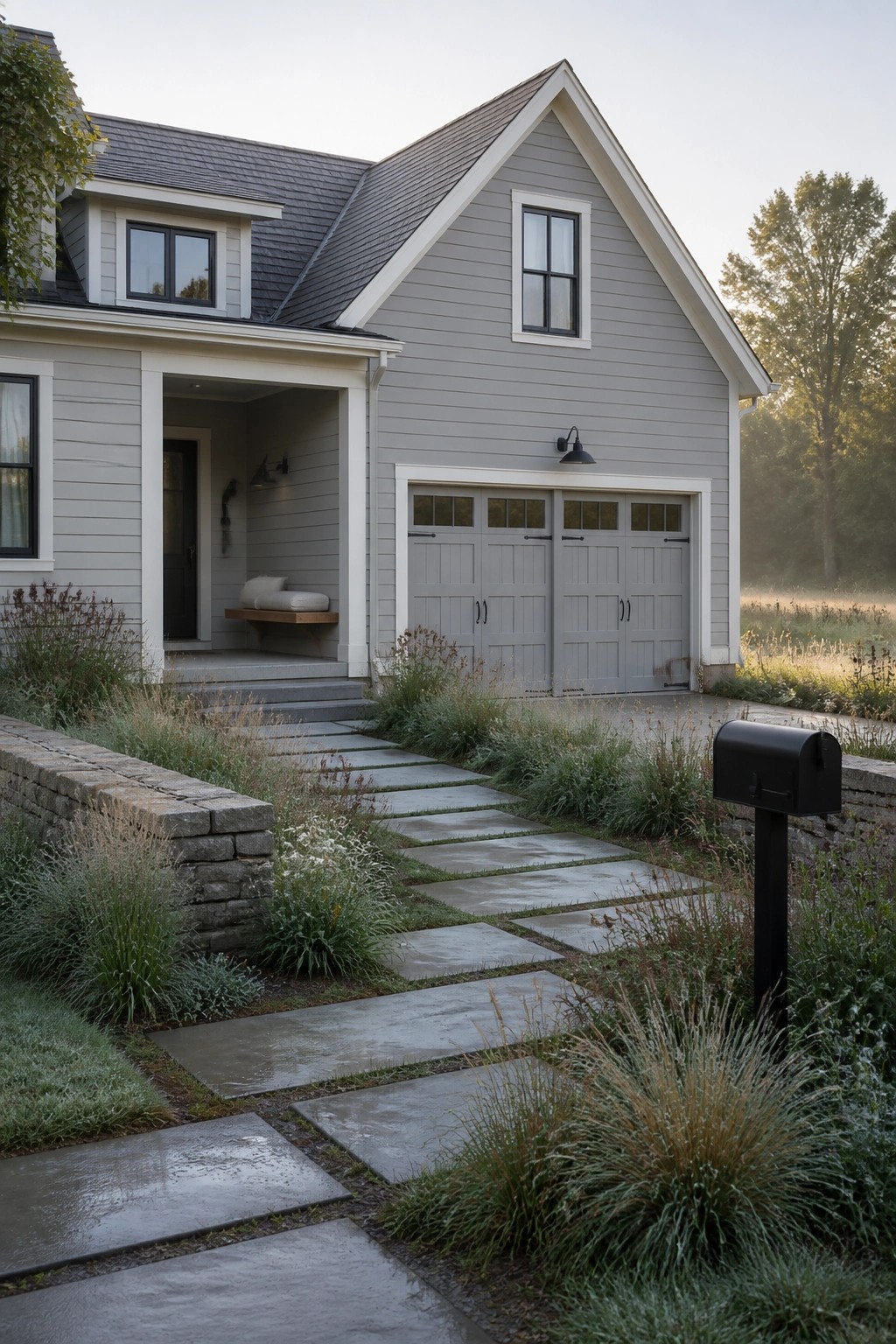 A farmhouse exterior painted in light gray siding with white trim.