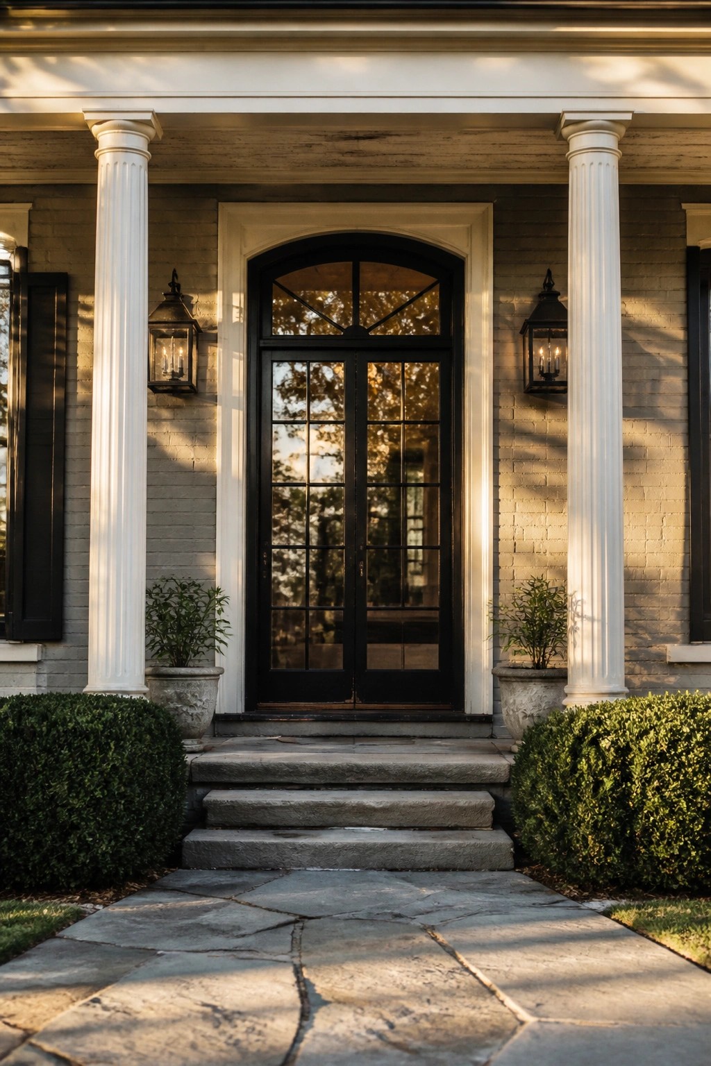 A gray painted farmhouse exterior with white columns and a black front door.