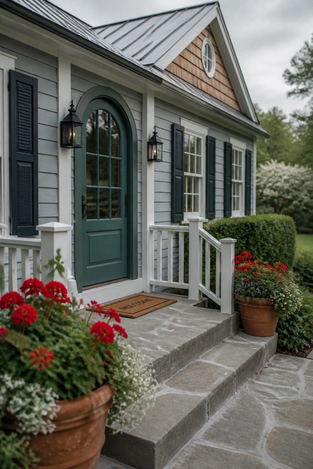 Light gray siding on a farmhouse exterior with white trim and steps.