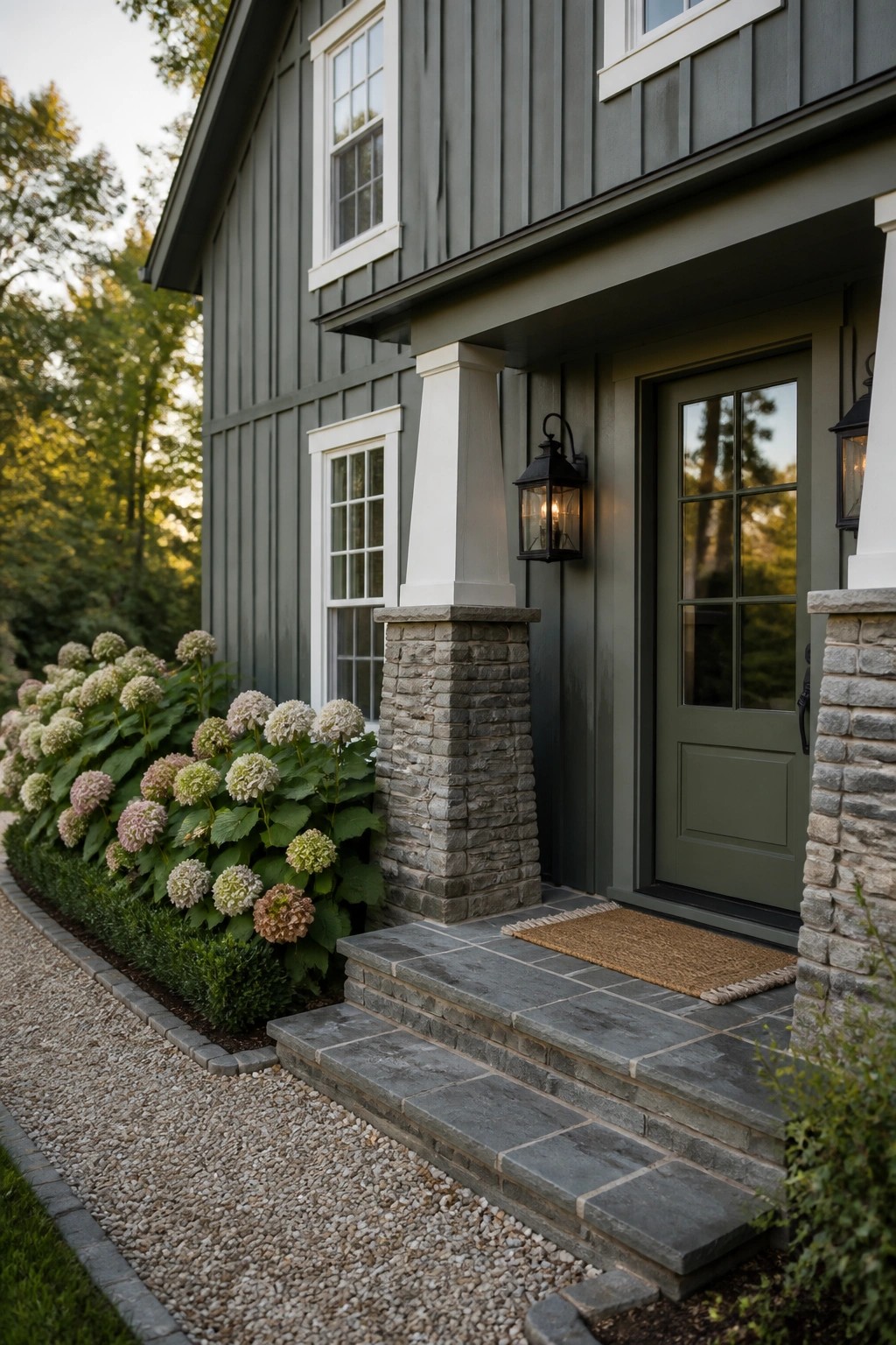 Gray house siding with green undertones next to stone columns and a green door.