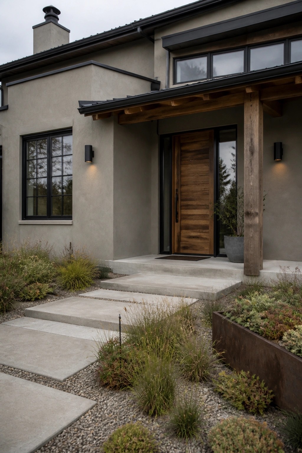 A farmhouse exterior finished in a soft greige paint color.