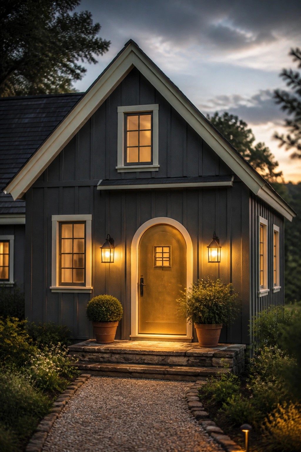 Small farmhouse exterior with dark gray siding and white trim.