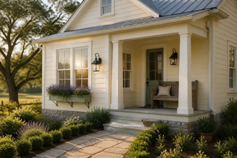 Yellow cottage with metal roof, porch bench, flower box, and stone path