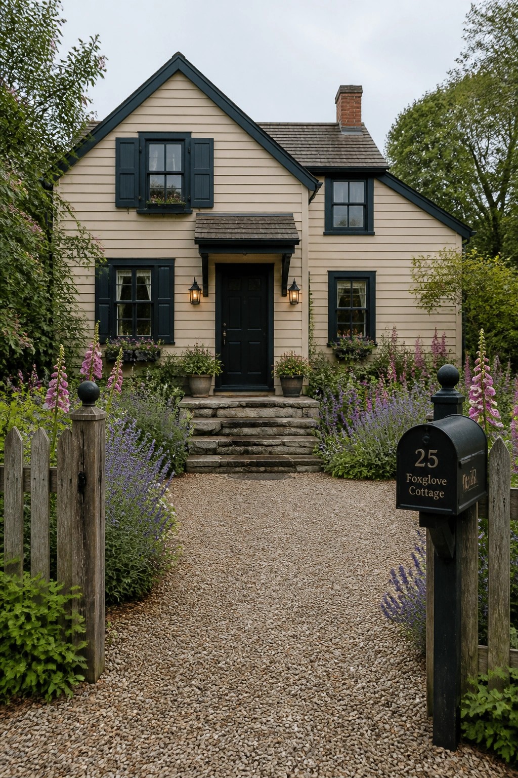 A small farmhouse with soft beige siding and dark trim along a gravel walkway.