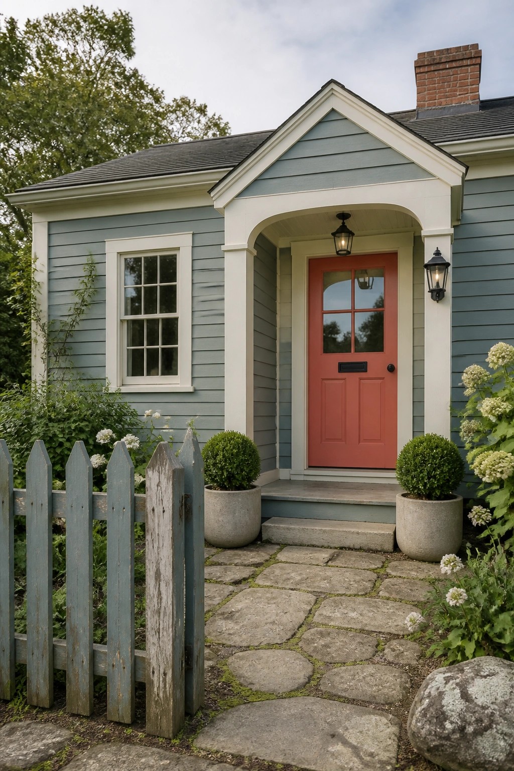 Light blue house with red door, stone path, blue fence, and potted plants.