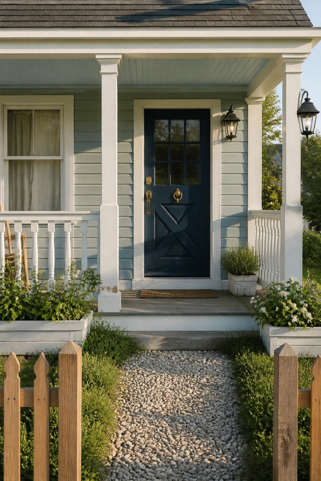 A small farmhouse with soft blue gray siding and white trim around the porch.