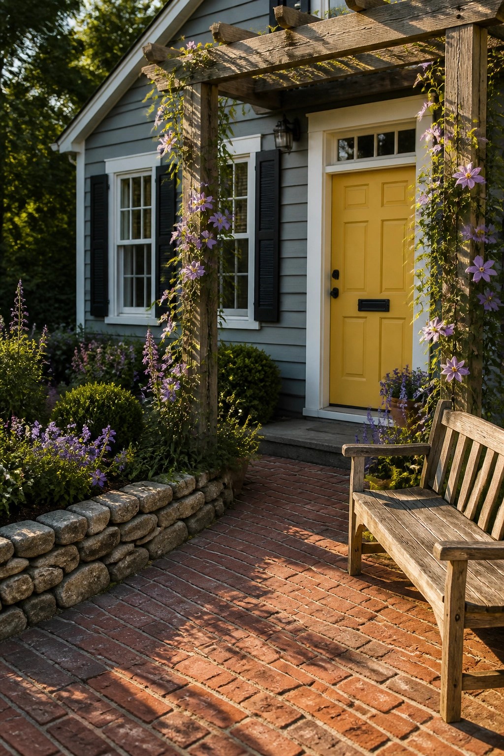 Yellow door on gray house with wooden bench on brick path amid purple flowers