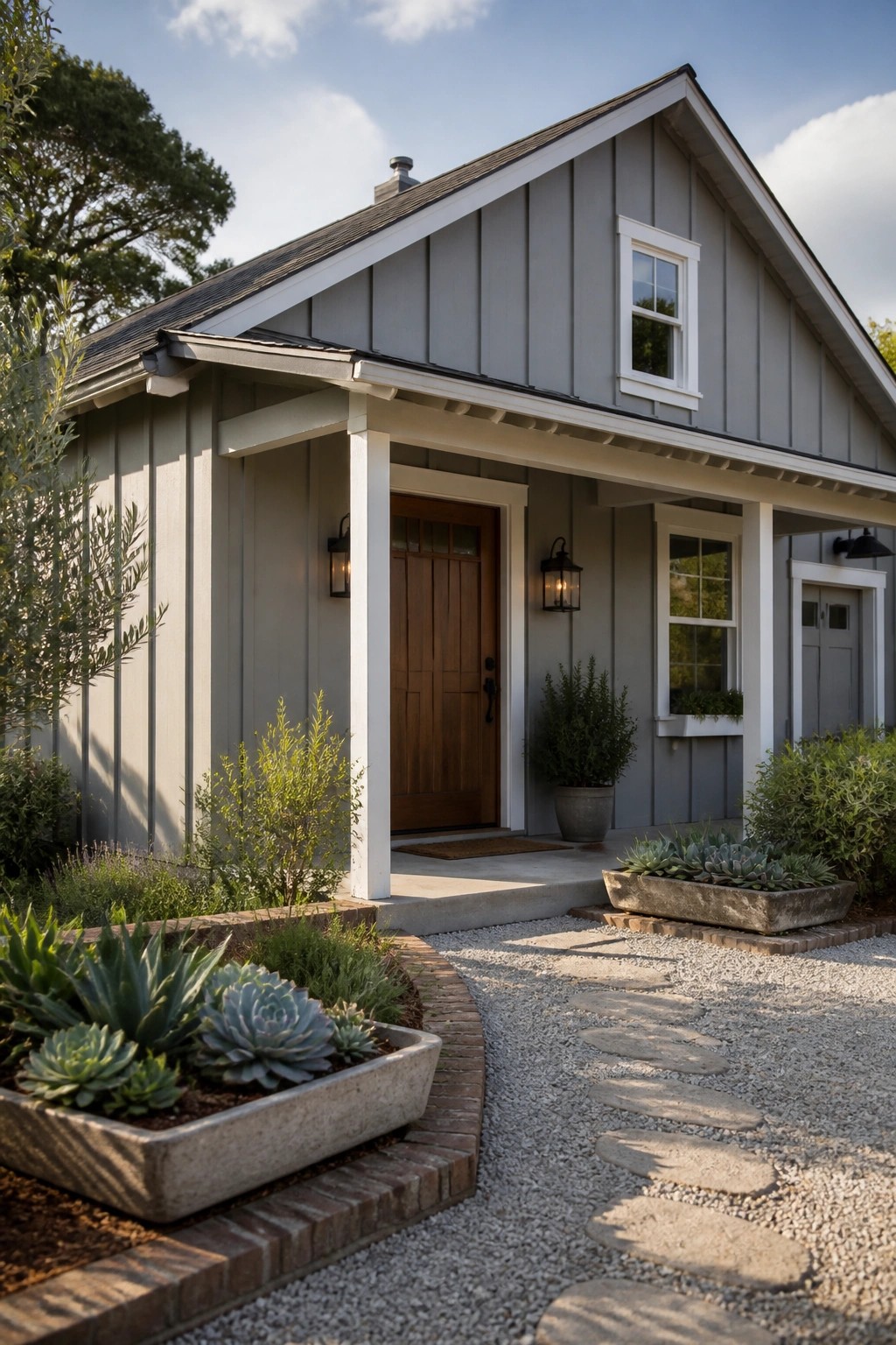 A small farmhouse with soft gray siding and white trim.