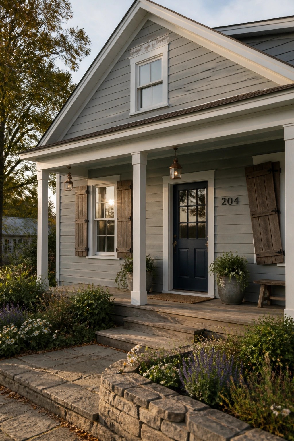 A small farmhouse with light gray siding and white trim.