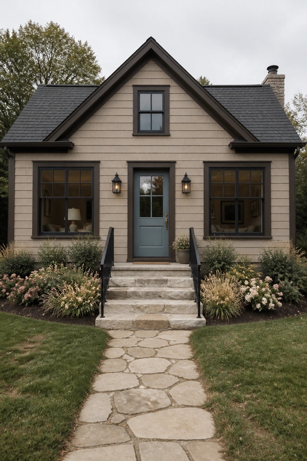 Light greige siding on a small farmhouse exterior with dark trim.