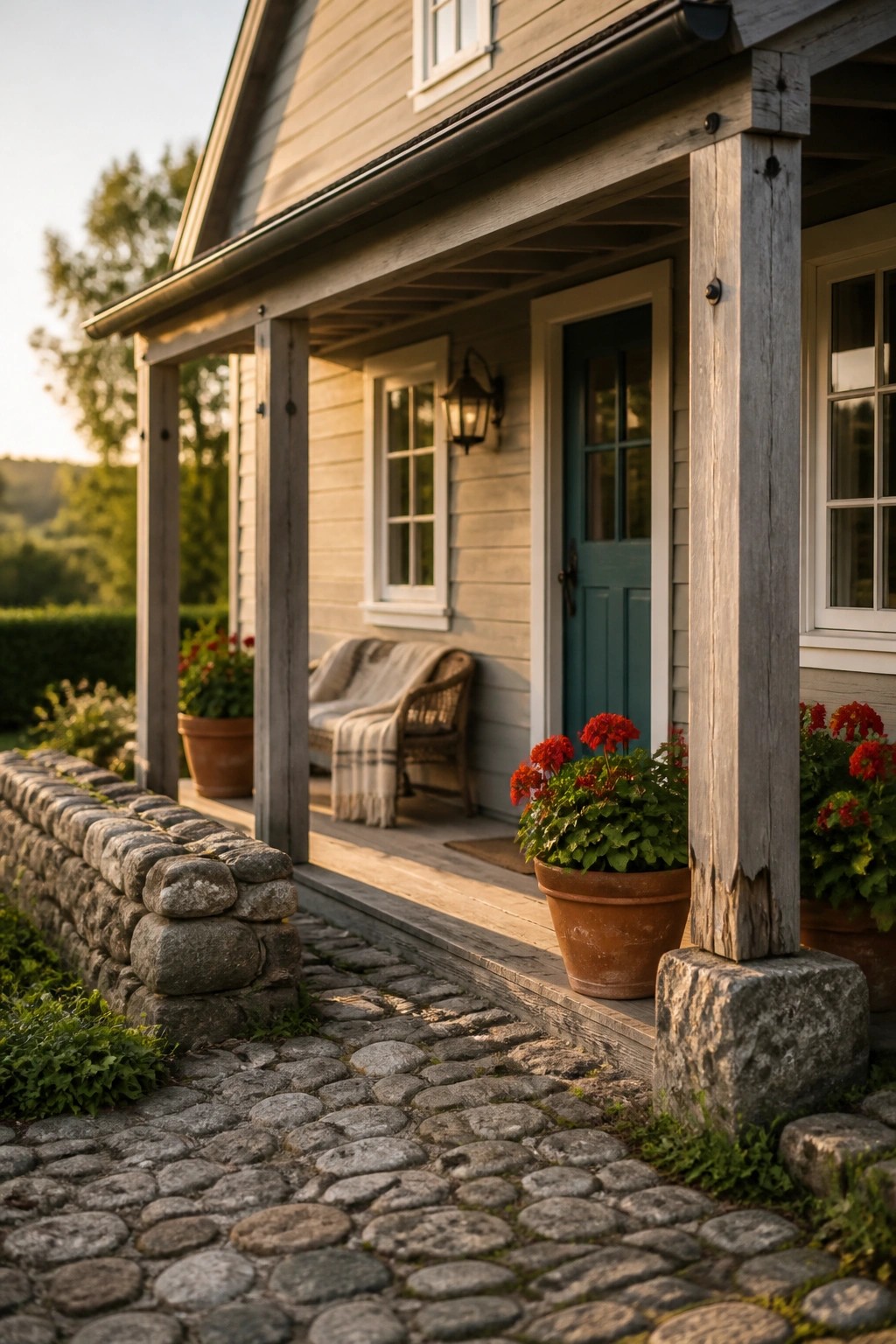 A small farmhouse with soft greige siding and a wooden front porch.