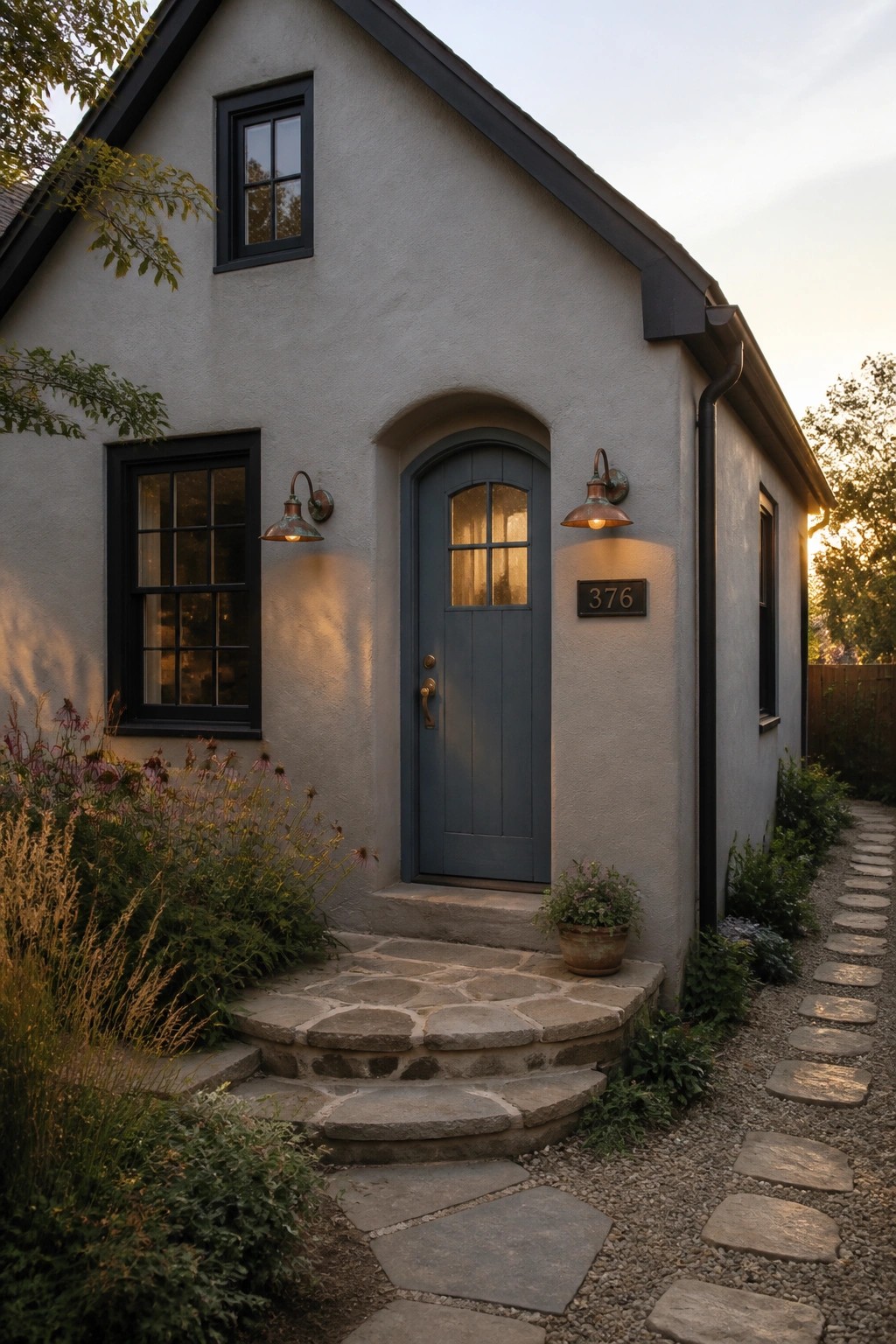 The exterior walls of a small house painted in a soft greige.