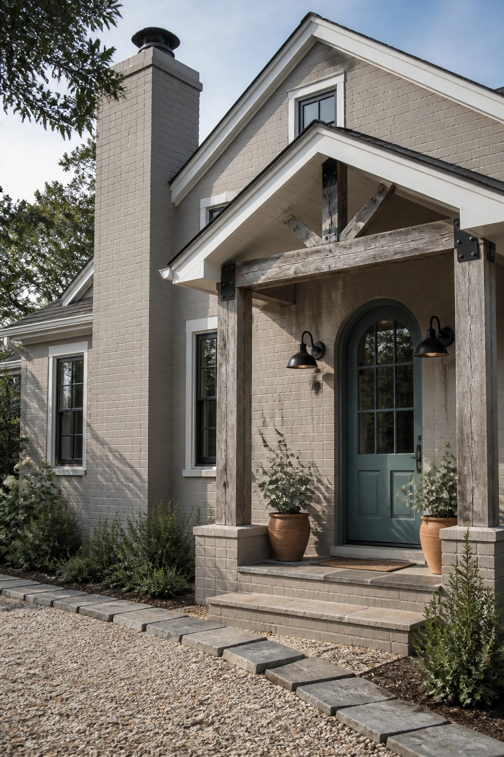 A small farmhouse exterior painted in soft greige siding.