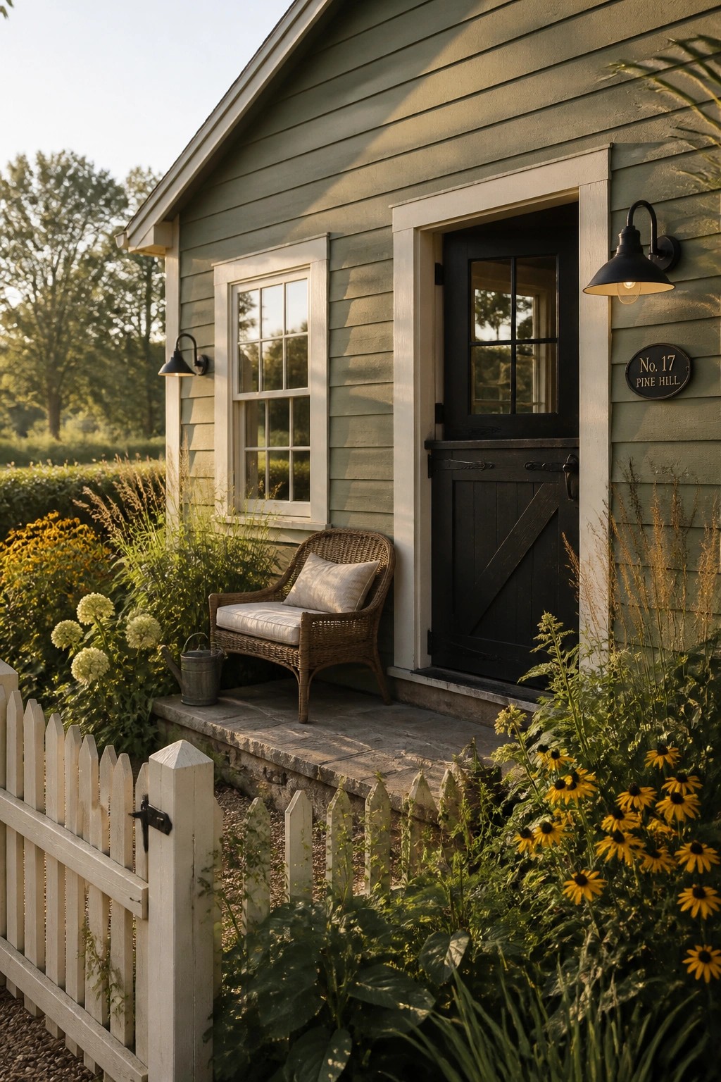 A small farmhouse exterior painted in soft sage green siding with white trim.