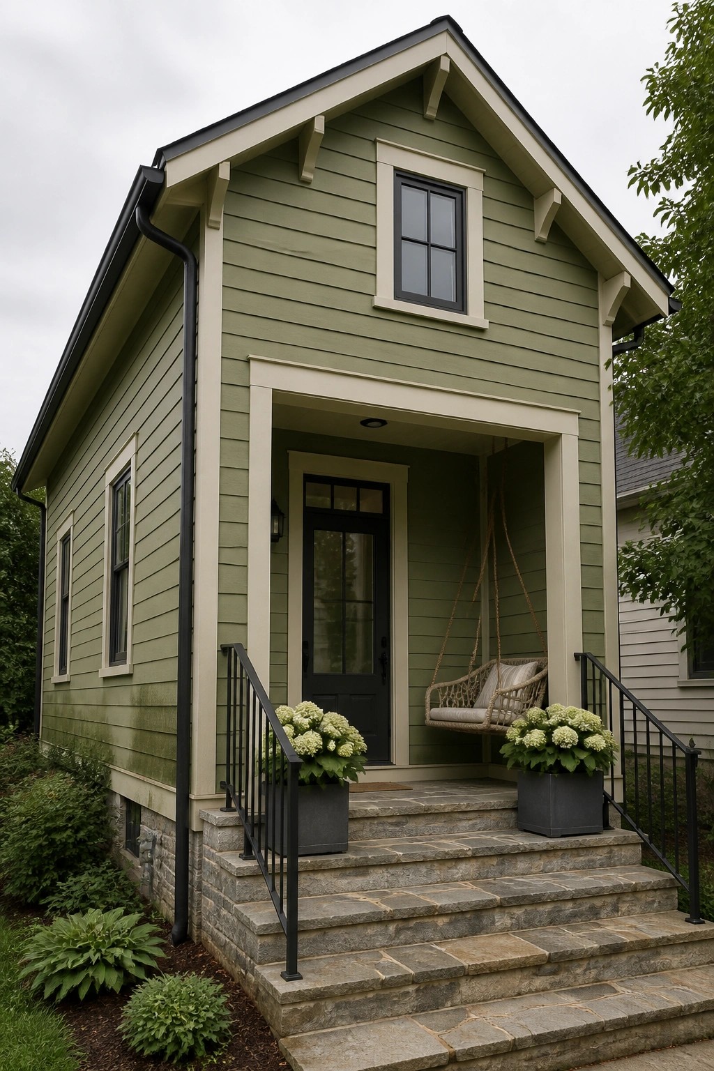 A small farmhouse with sage green siding and black trim.