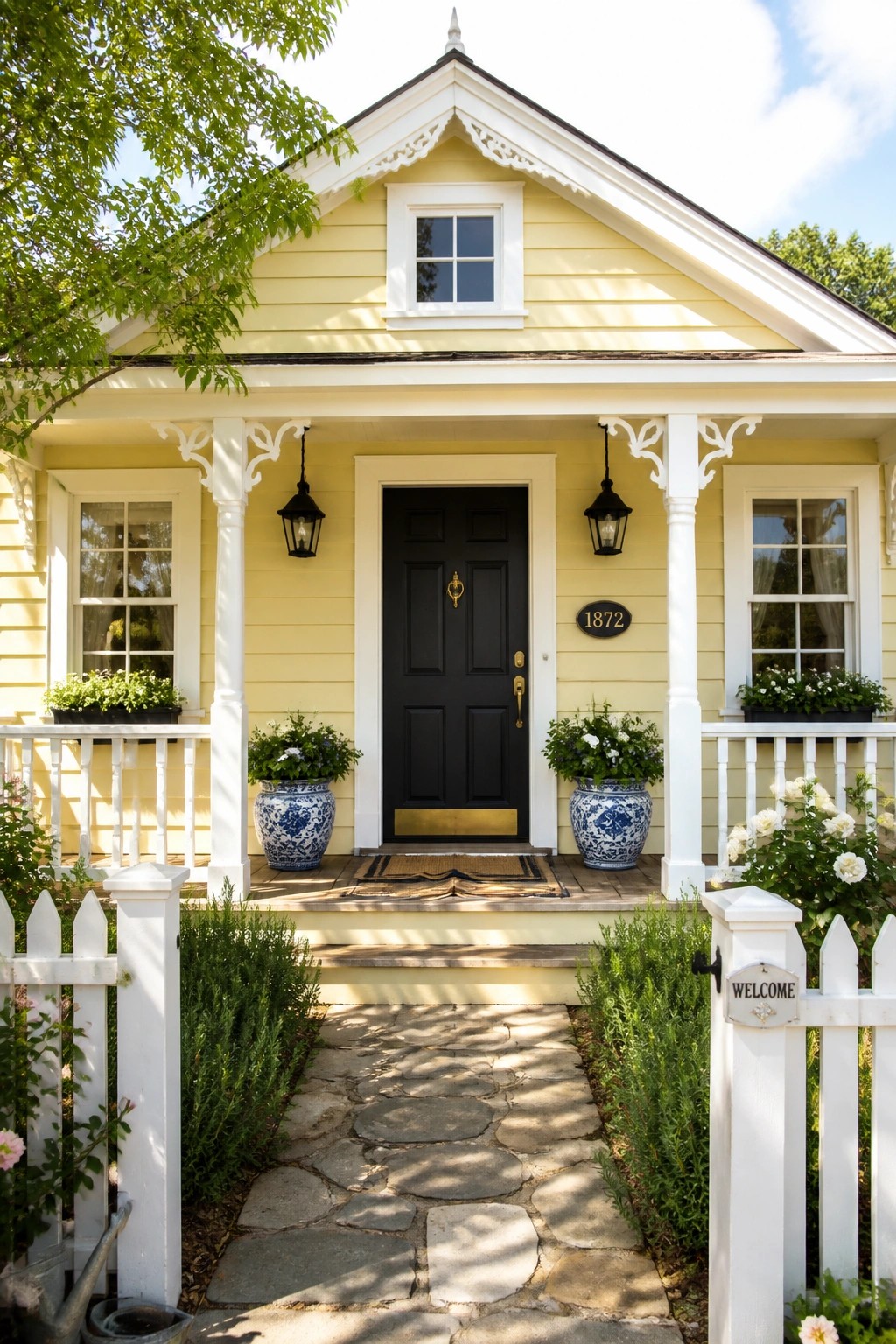 Yellow cottage with black door, blue planters, stone path, and white fence