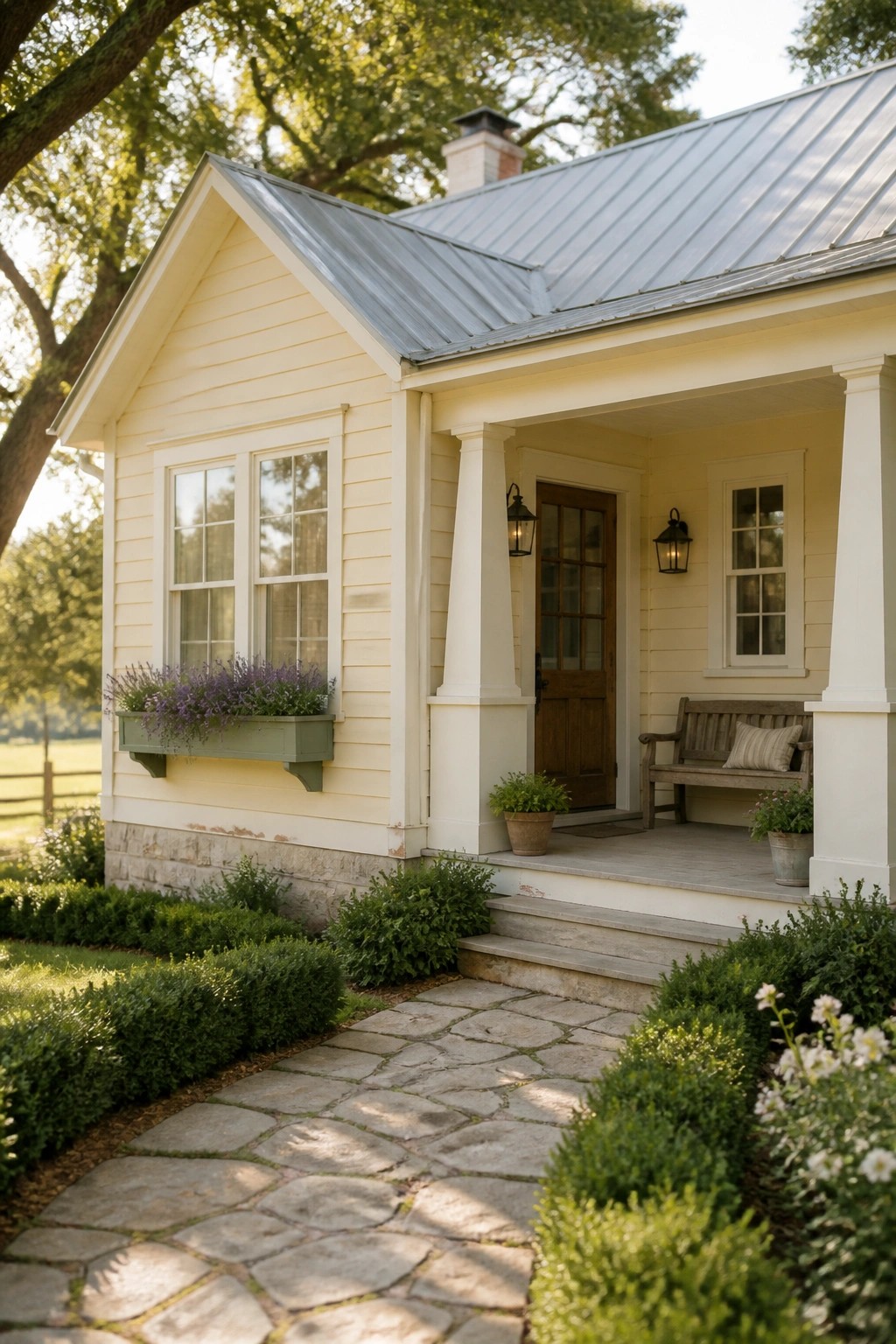 Yellow cottage with metal roof, porch bench, flower box, and stone path