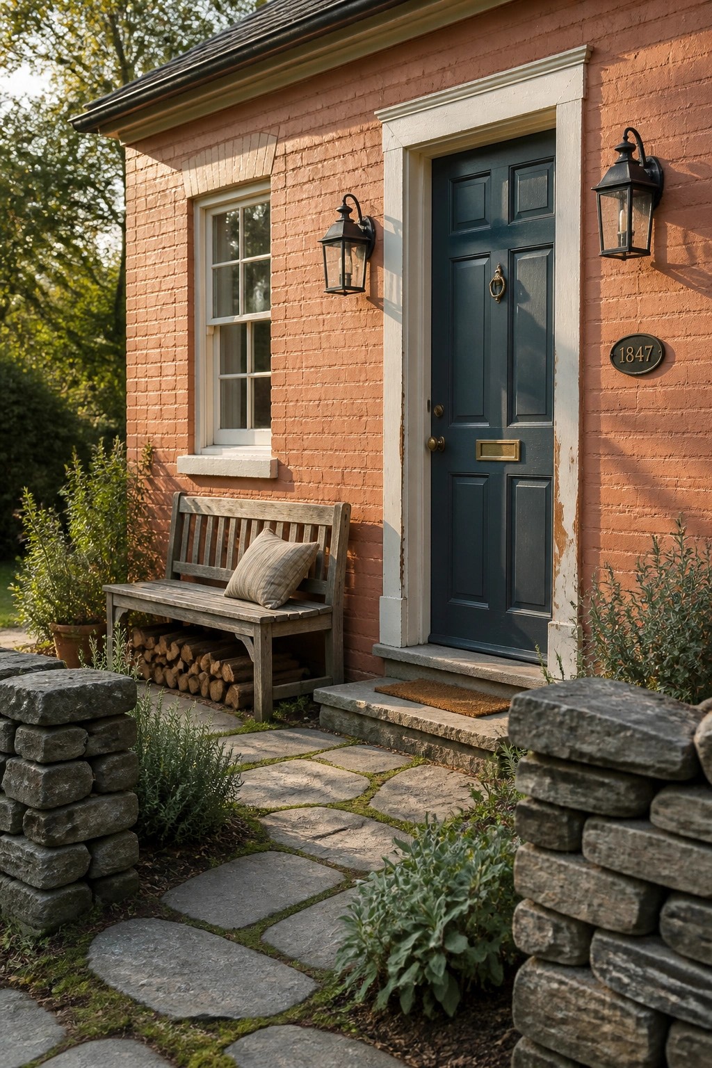 A small brick house exterior painted in a warm coral shade.