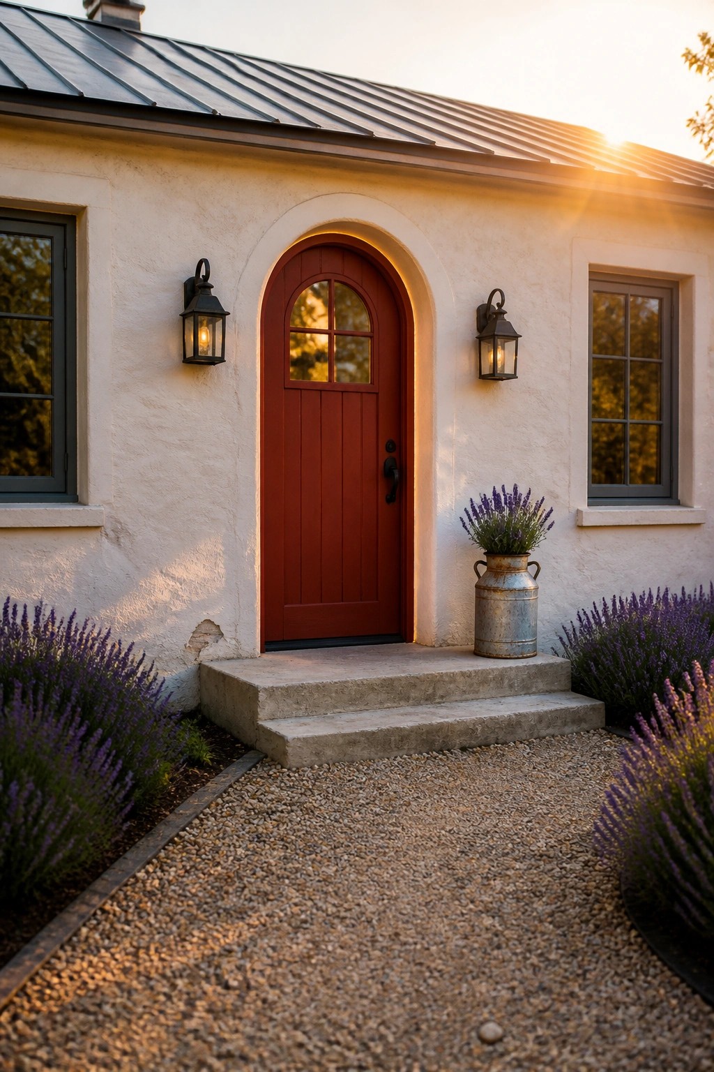 Warm white stucco walls on a small farmhouse exterior.