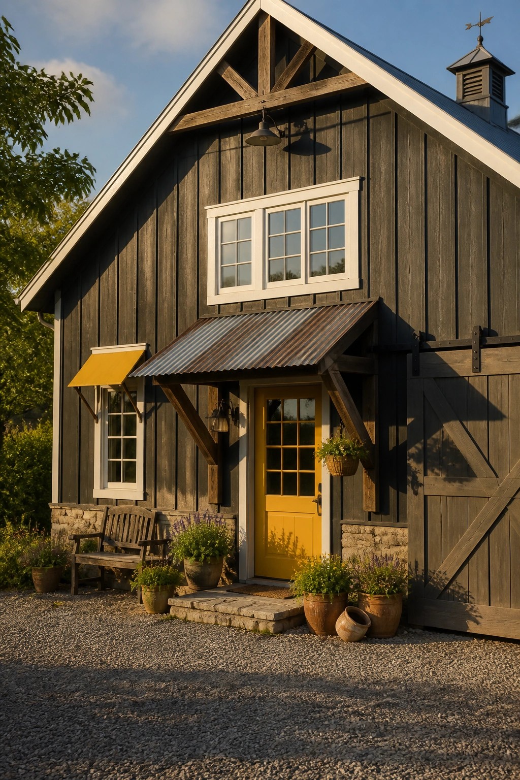 Rustic dark wooden barn with yellow door, potted flowers, bench, and gravel path.