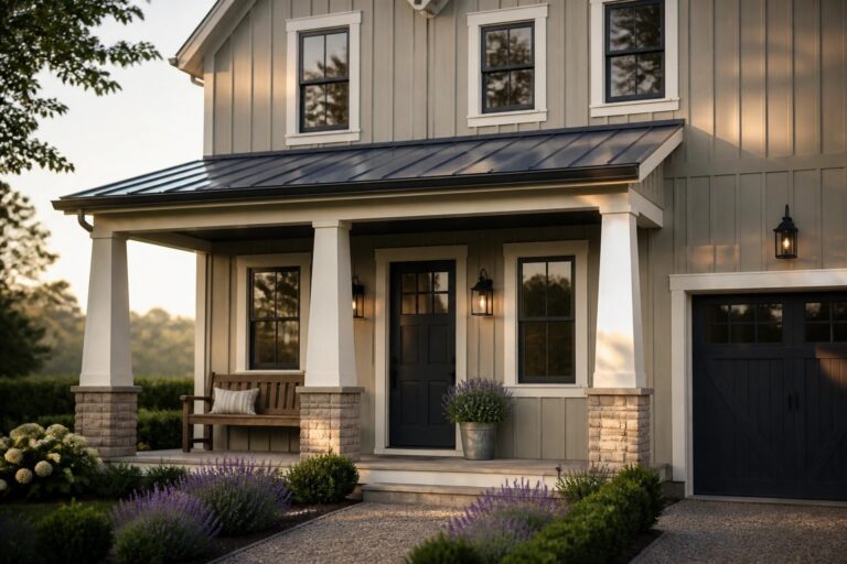 Light greige siding on a modern farmhouse exterior with dark trim and a metal roof.