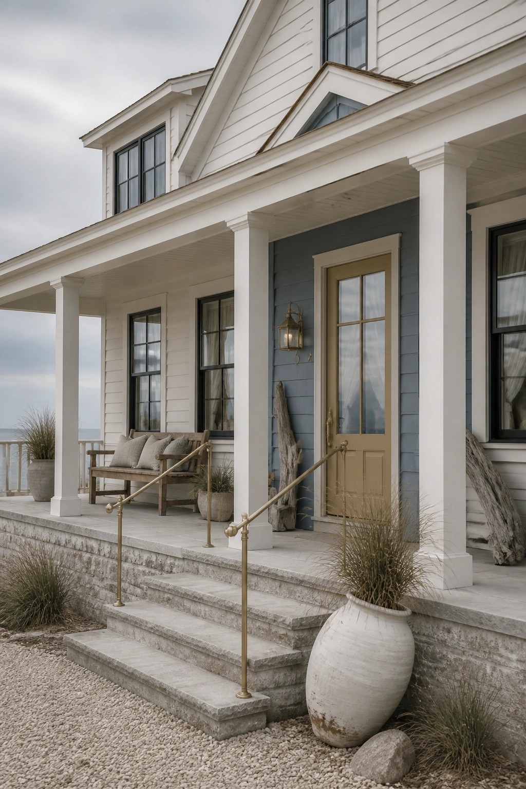 Modern farmhouse exterior with soft blue gray siding and white trim.