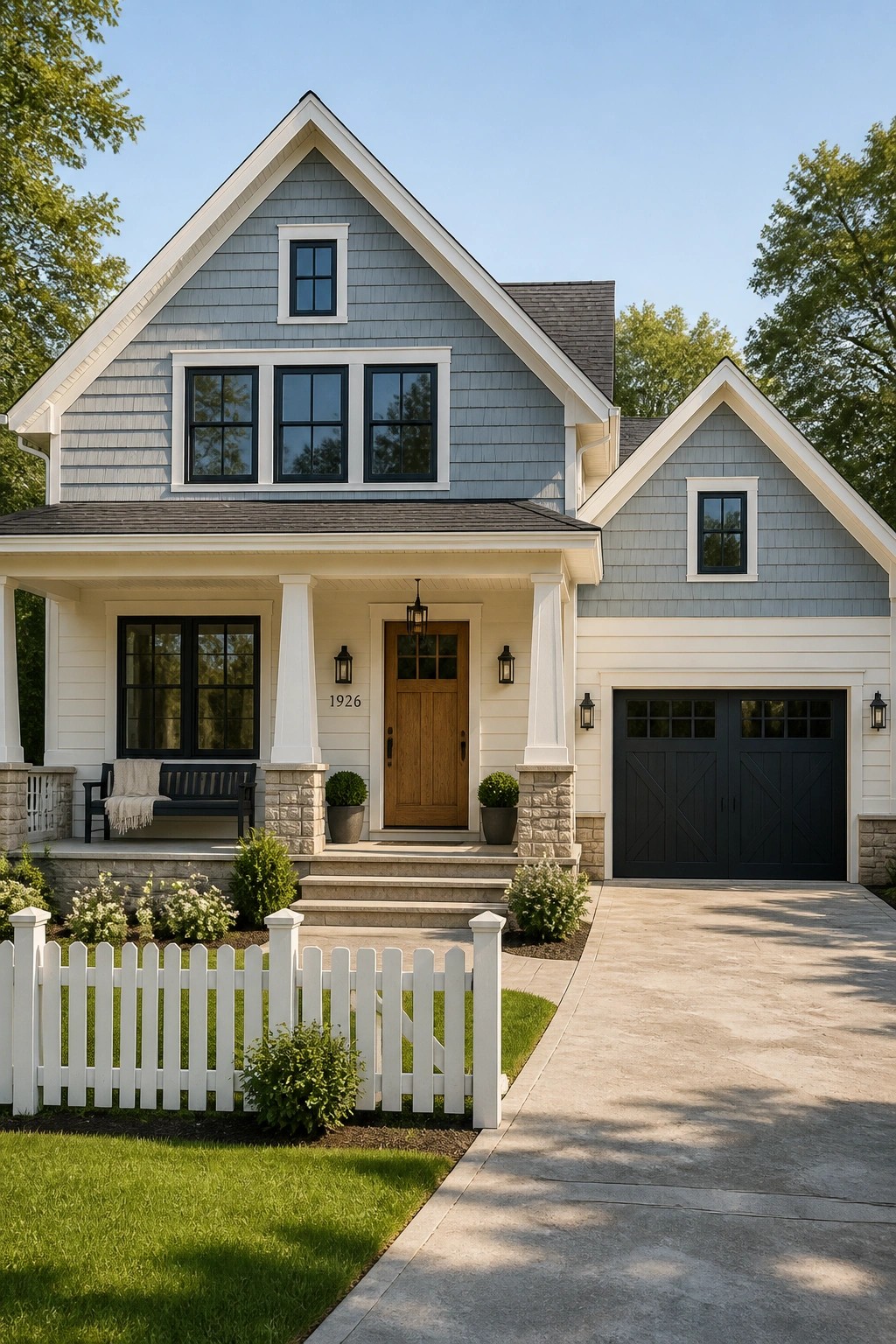 A modern farmhouse exterior painted in soft blue gray siding with white trim.