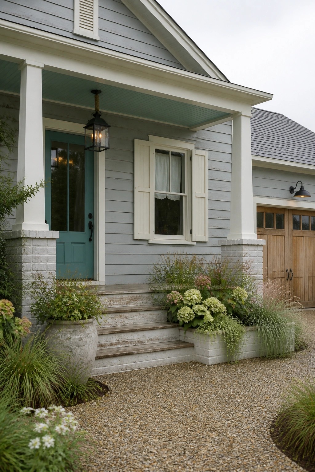 Light gray siding on a modern farmhouse exterior with white trim.