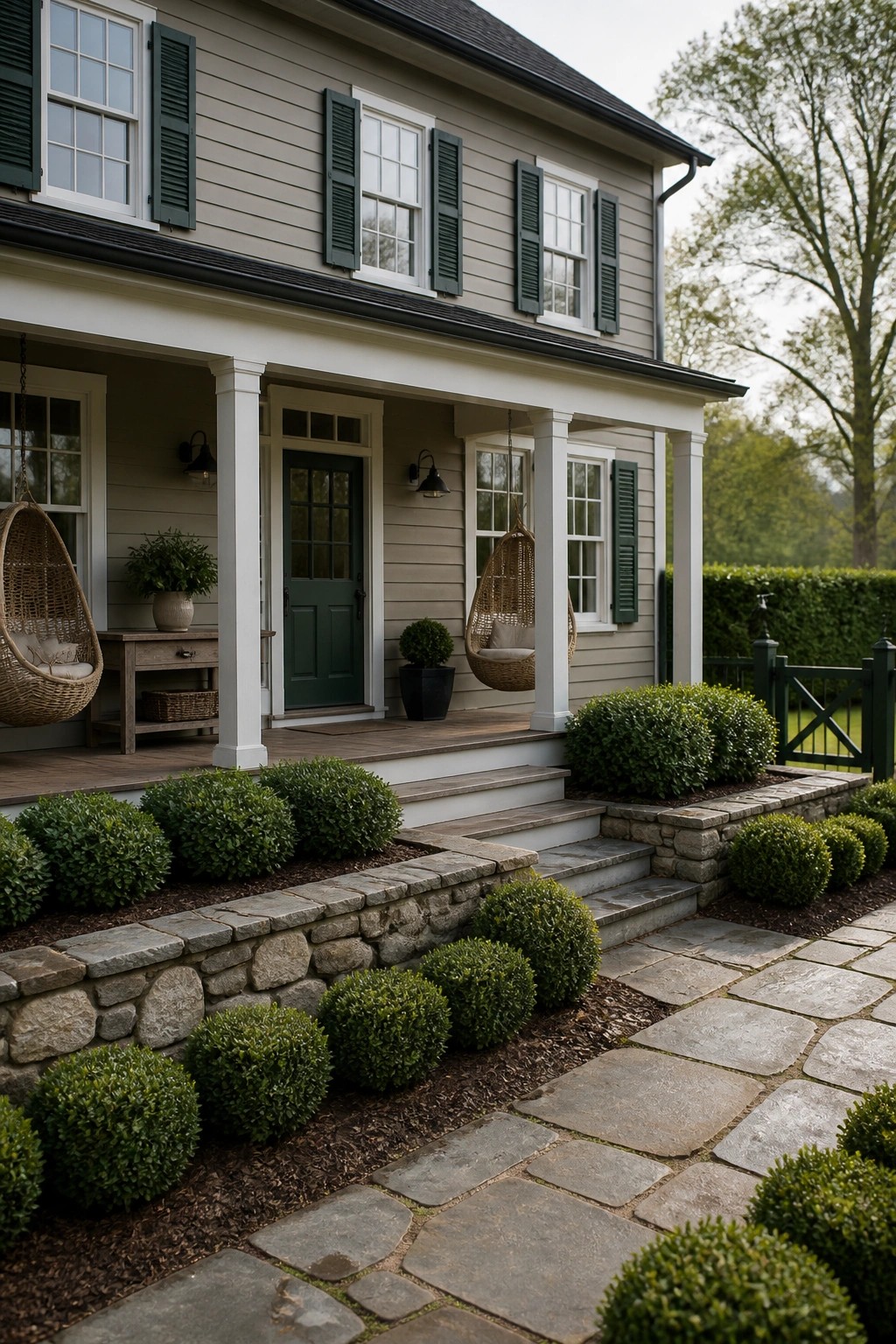 Modern farmhouse exterior with soft greige siding and white trim.