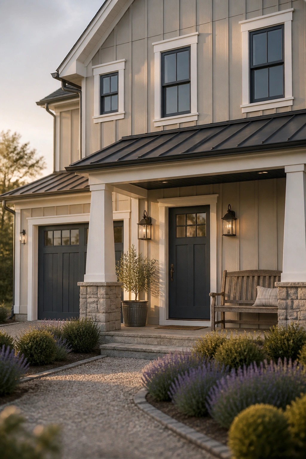 Light greige siding on a modern farmhouse exterior with dark trim and a metal roof.