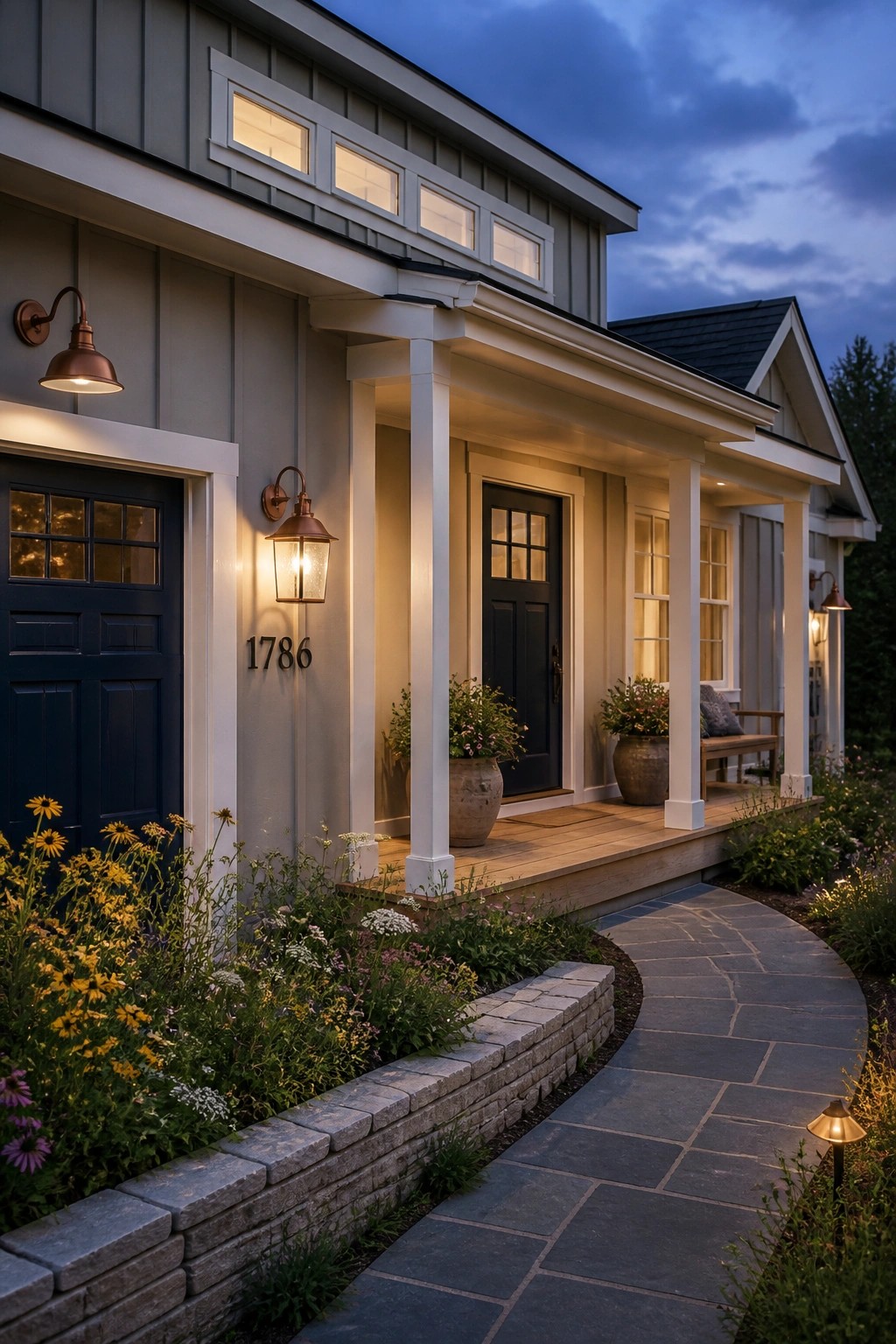 Modern farmhouse exterior with soft sage gray siding and white trim.