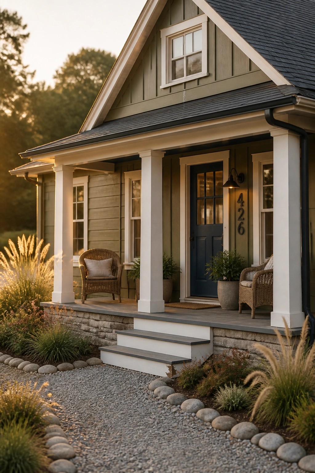 A modern farmhouse exterior with soft sage green siding and white porch columns.