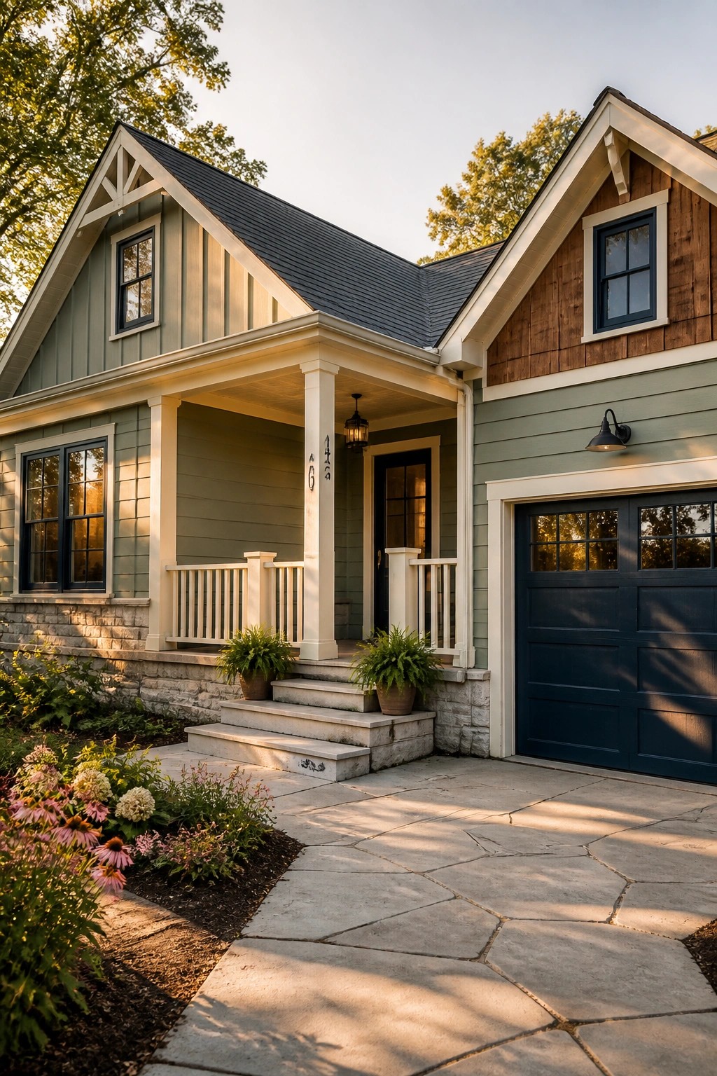 A modern farmhouse exterior painted in soft sage green siding with white trim.