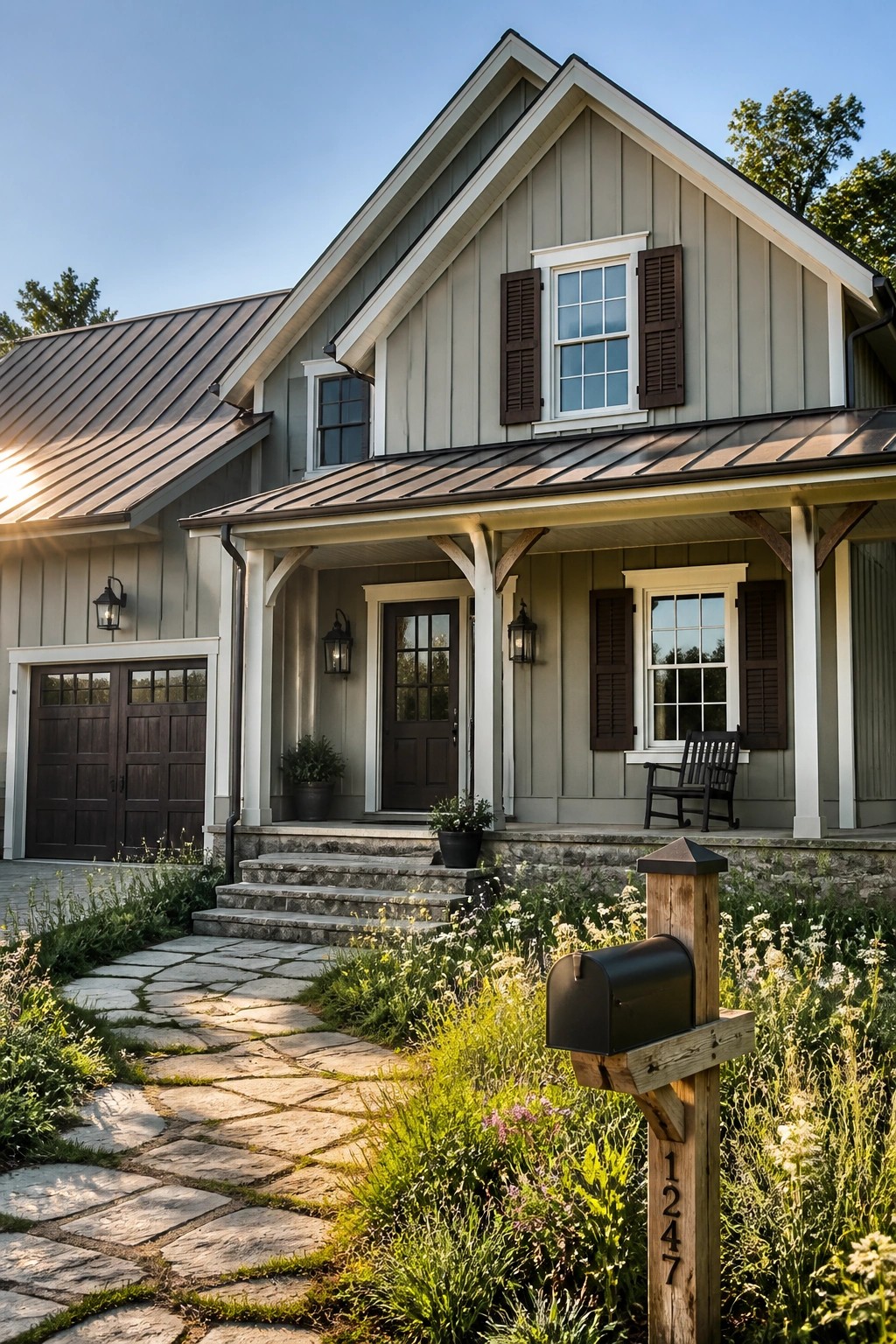 Modern farmhouse with soft sage green siding and white trim.