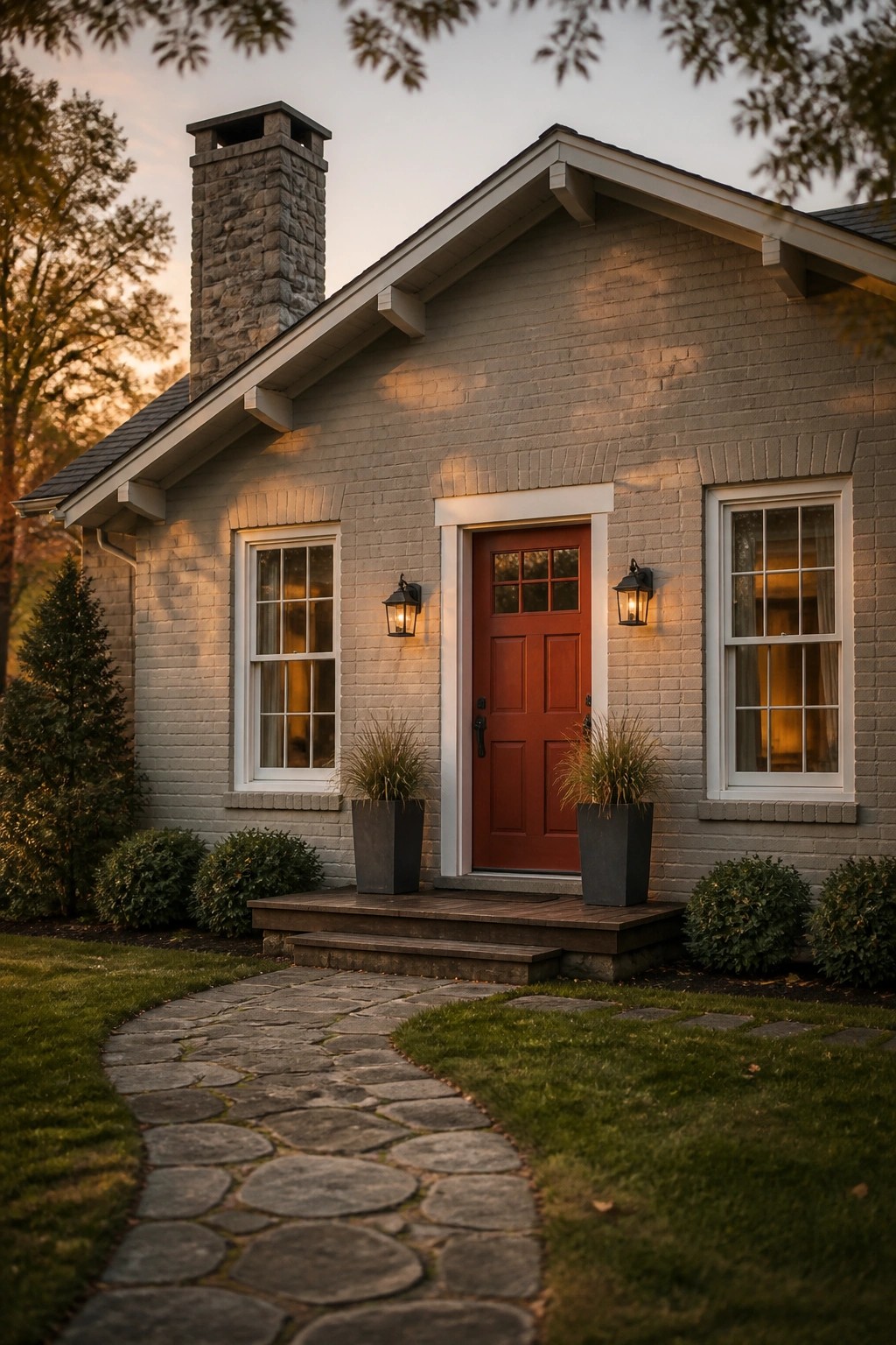Gray brick house with red door, stone chimney, and curving pathway at dusk.