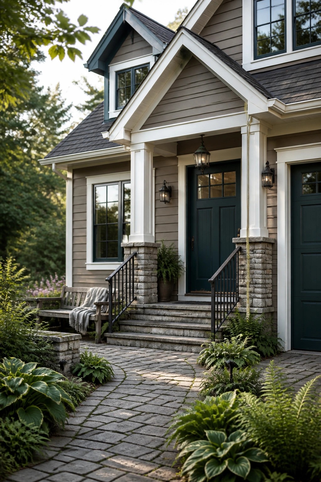 Modern farmhouse exterior with warm greige siding and white trim.