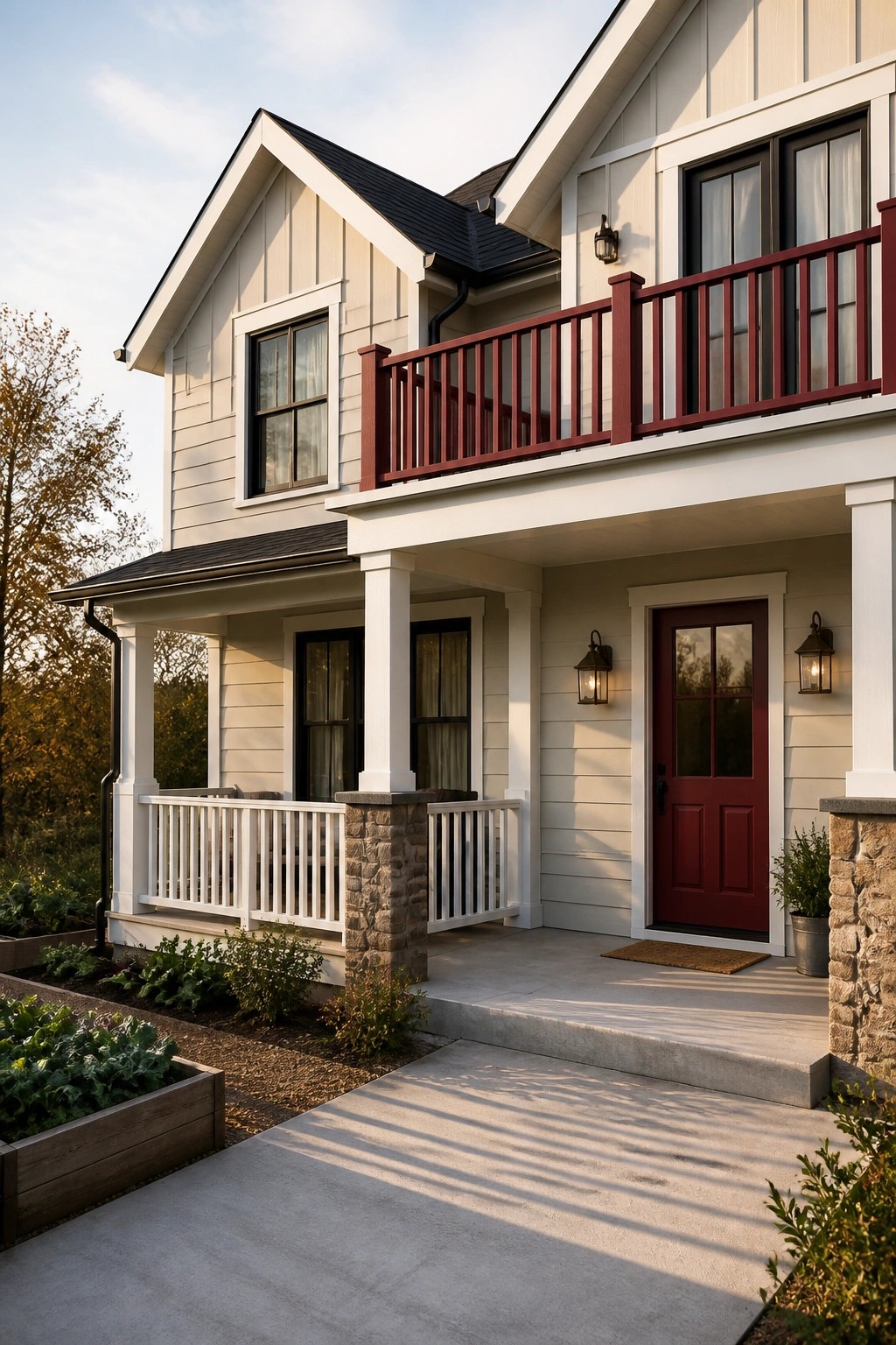 Light greige siding on a modern farmhouse exterior with white trim.