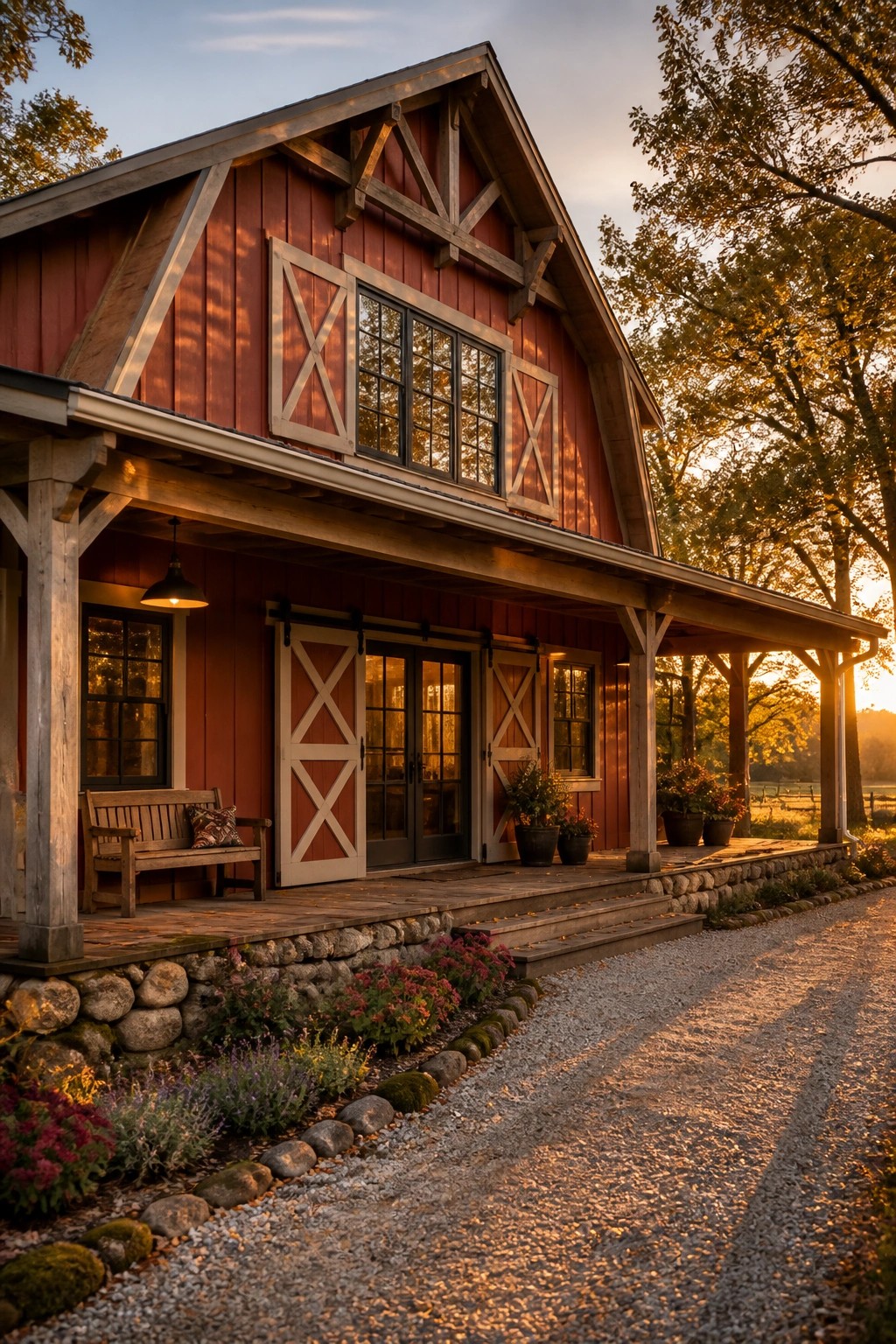 Red wooden siding on a modern farmhouse with a stone foundation and wood porch.