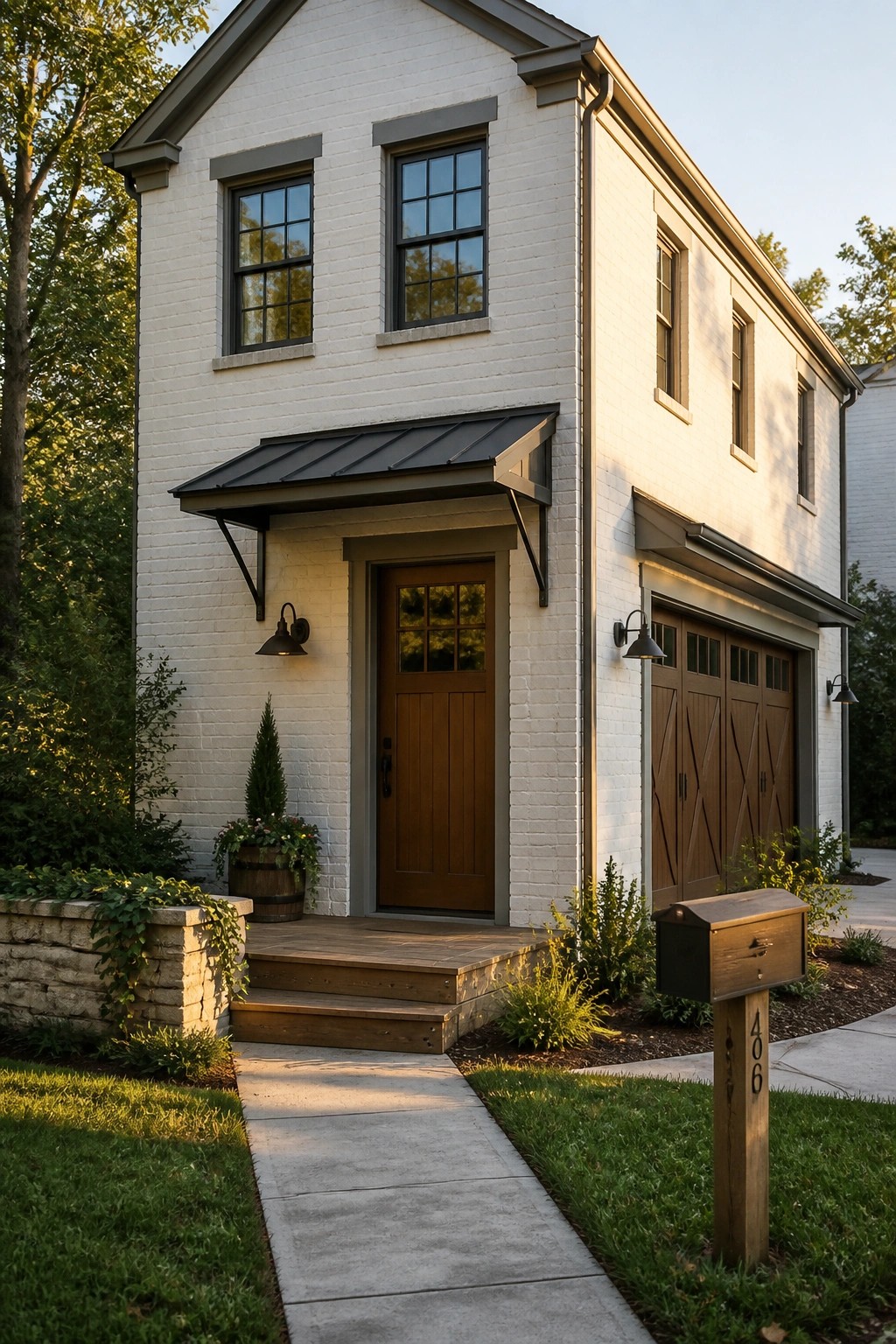 White painted brick siding on a modern farmhouse exterior with wood accents.