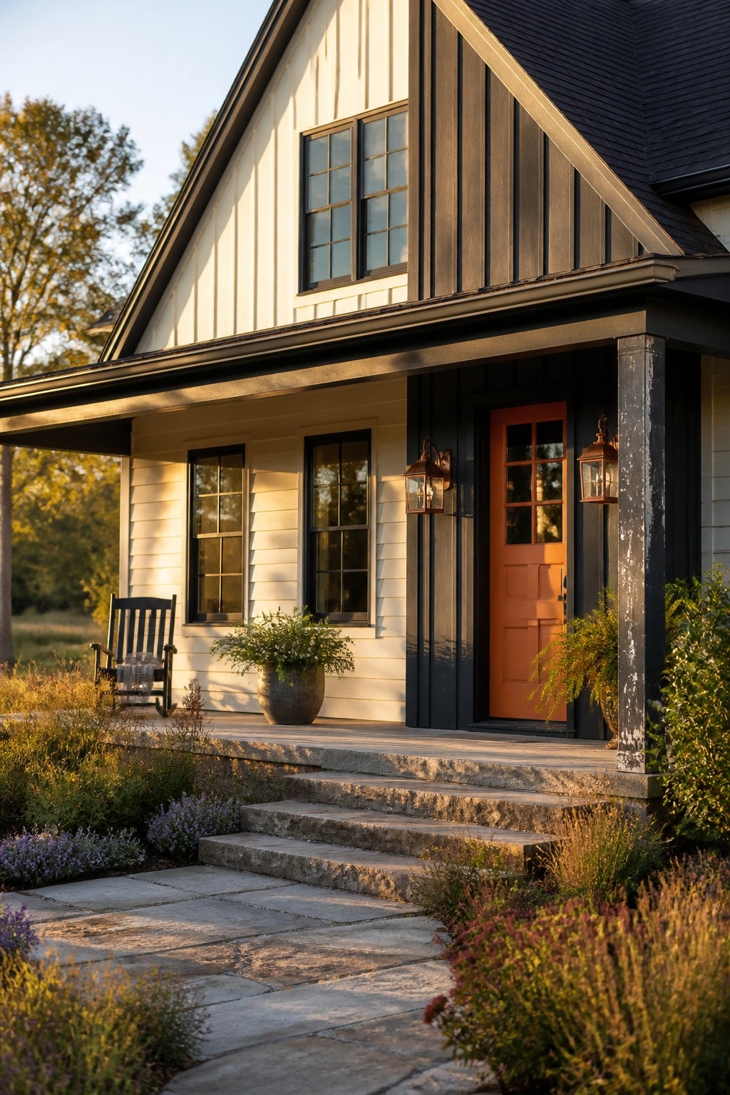 Modern farmhouse exterior with white siding and black trim.