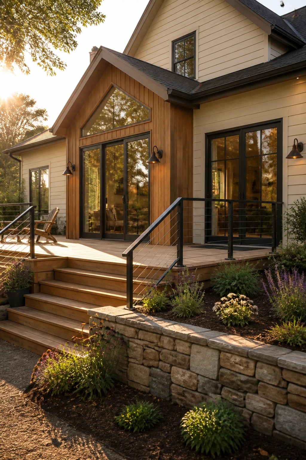 Modern farmhouse with creamy white siding and cedar wood accents.