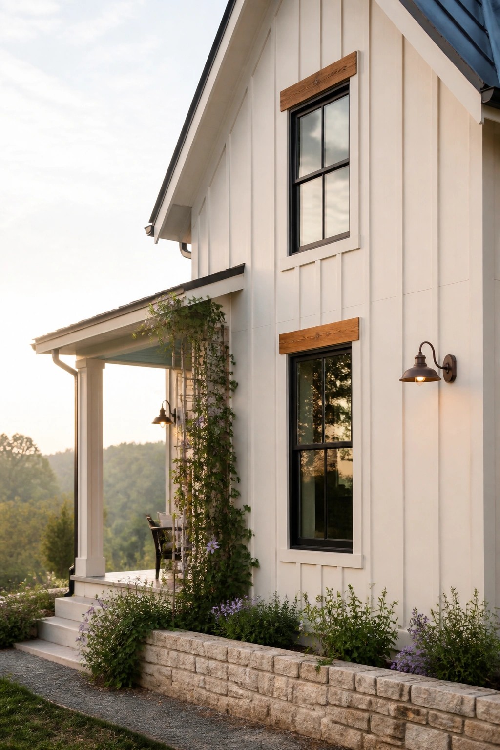 A modern farmhouse exterior with crisp white siding and cedar window trim.