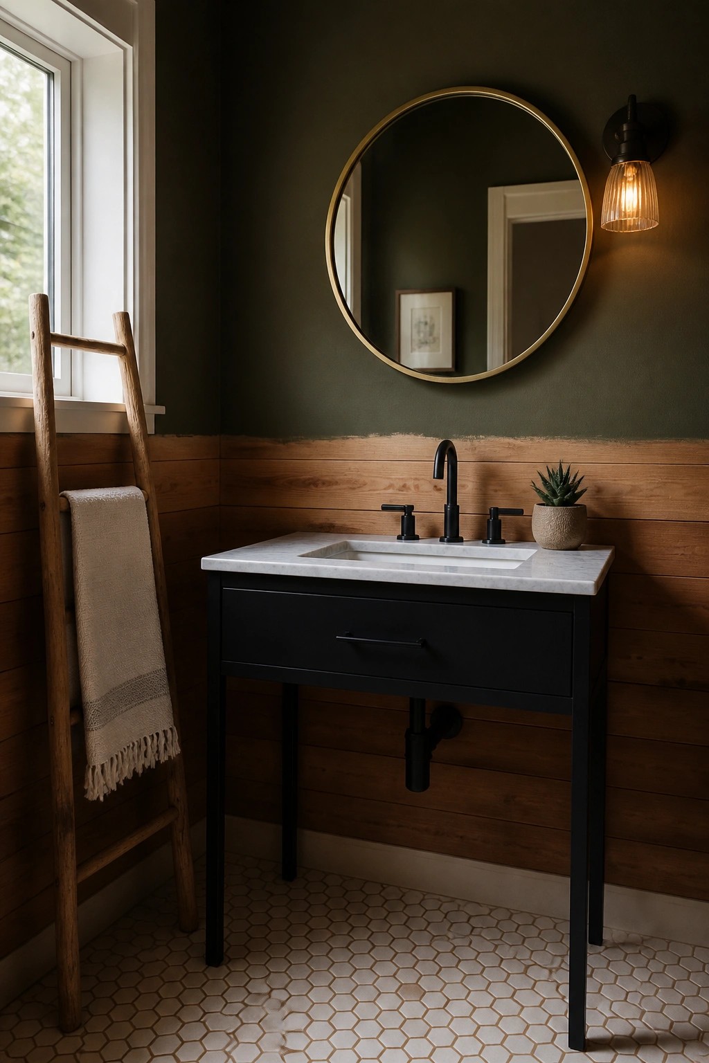 A bathroom with deep olive green walls above cedar wainscoting and a black vanity.