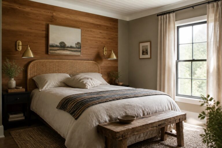 A bedroom showing warm greige walls next to a cedar accent wall.
