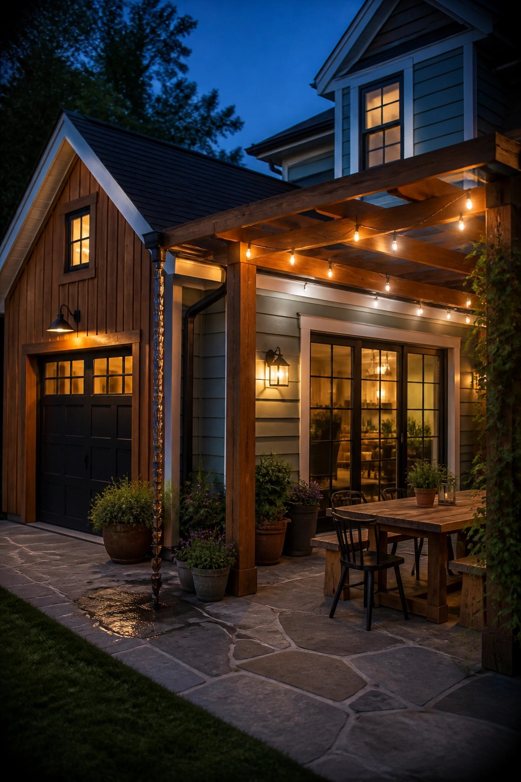 A house exterior with soft blue gray siding beside cedar accents.