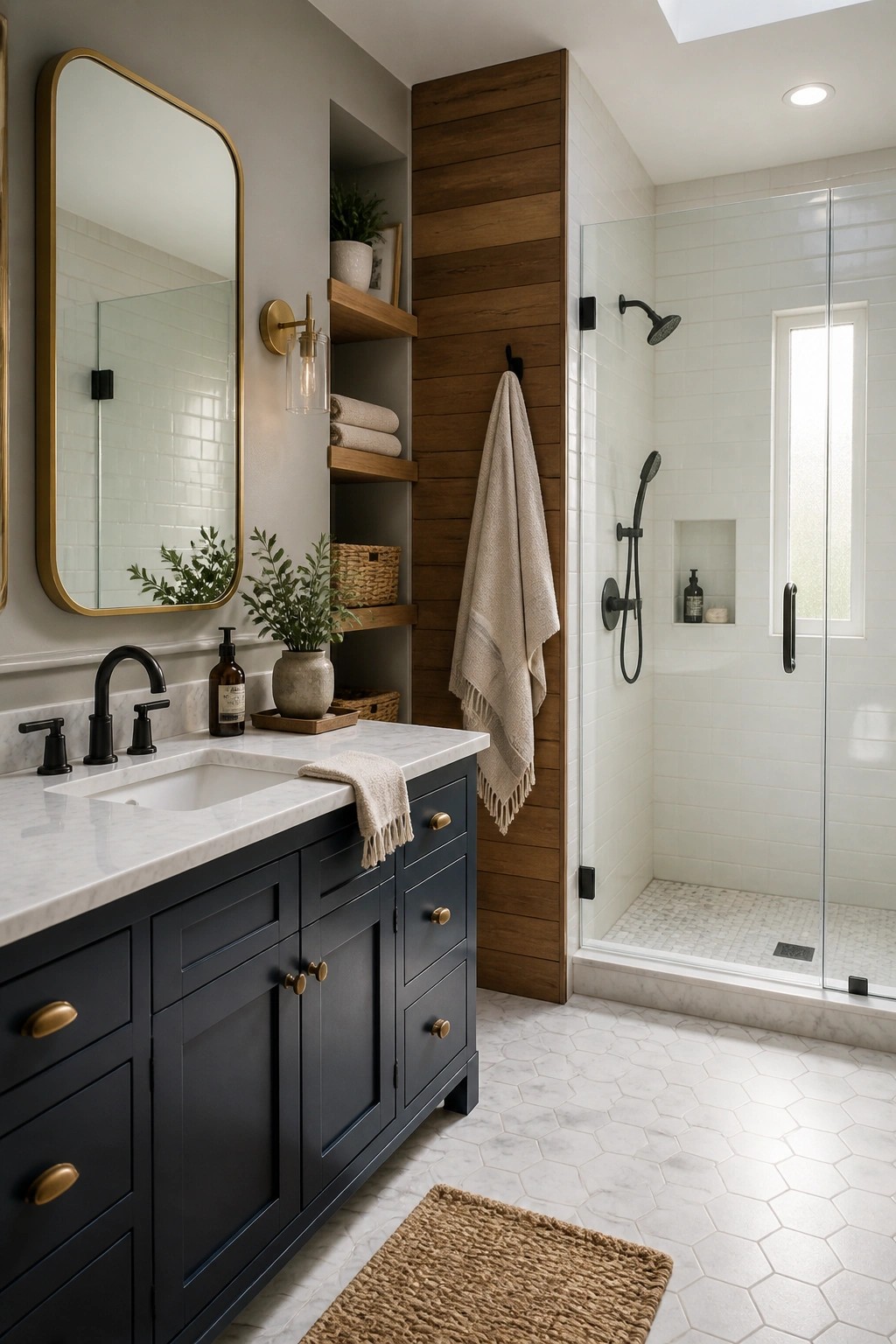 Modern bathroom with navy vanity, marble top, gold accents, and tiled shower.