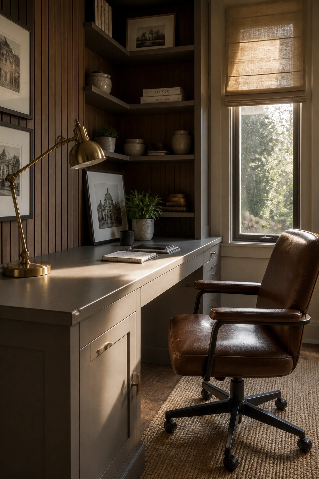Cozy wooden study with brown leather chair, gray desk, brass lamp, and shelves.